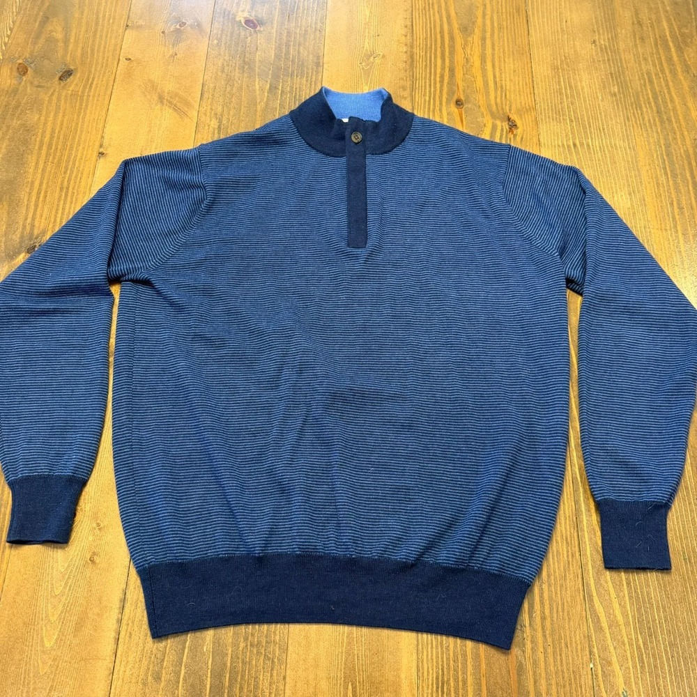 Peter Millar Birdseye Stripe Quarter-Zip Merino Wool Mens Large Blue